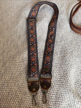 Floral Navy & Orange guitar style bag strap with Leather Trim